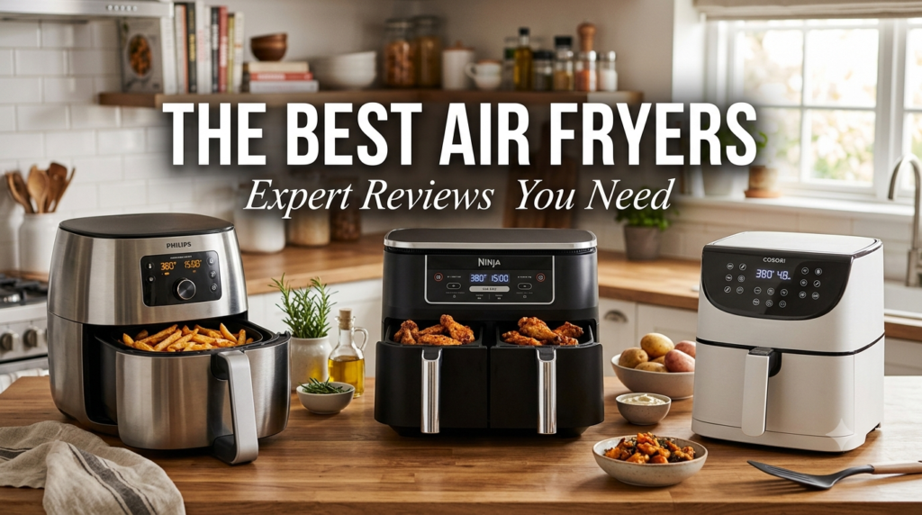 Collection of the best air fryers featuring top-rated basket and oven-style models displayed on a modern kitchen countertop for expert review and comparison.