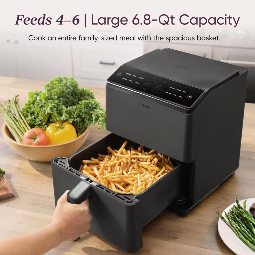 Cosori 6.8-quart dual basket air fryer with dual heating elements designed for small kitchens and quick meals