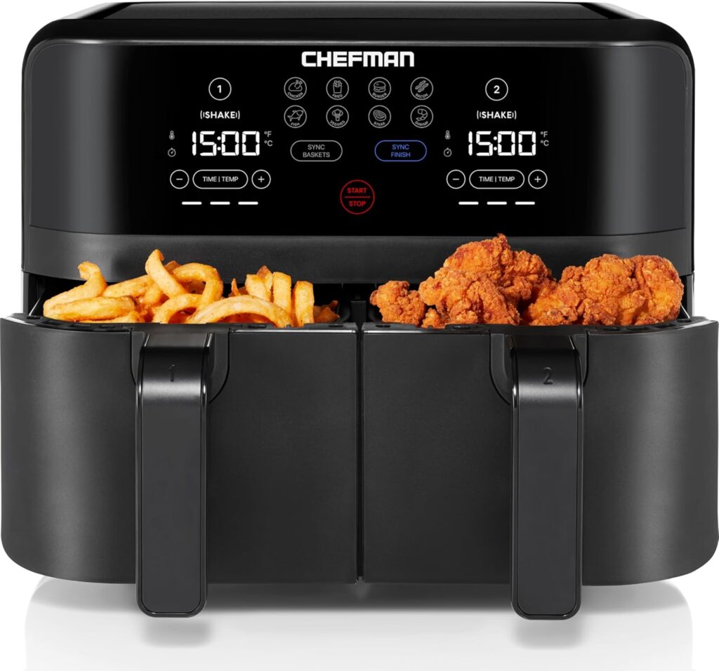 Chefman TurboFry Touch dual basket air fryer with two independent baskets for cooking multiple foods simultaneously