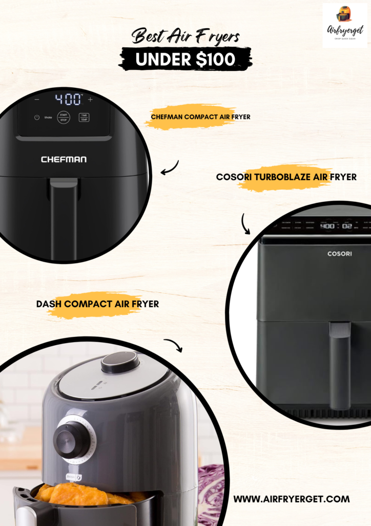 Best Air Fryer Under $100 comparison featuring Cosori TurboBlaze, Instant Vortex Plus ClearCook, Dash Compact, Bella 6qt Pro, and Chefman compact models.