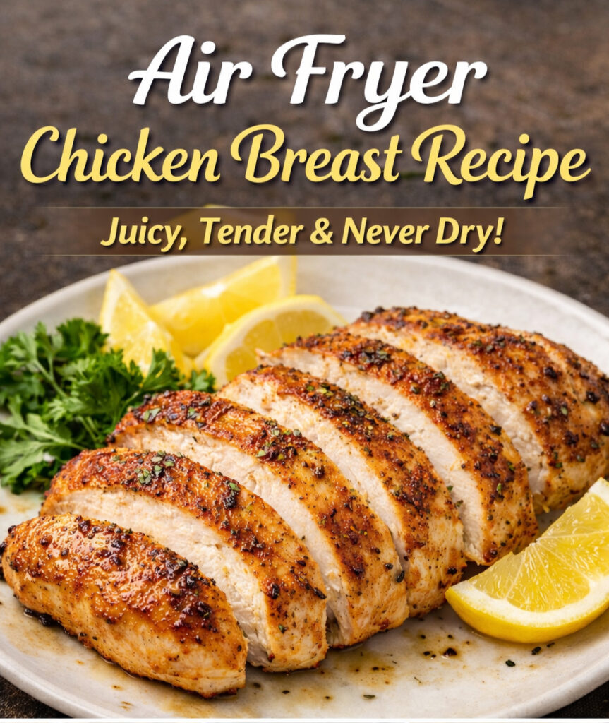 Juicy air fryer chicken breast recipe sliced and served on white plate
