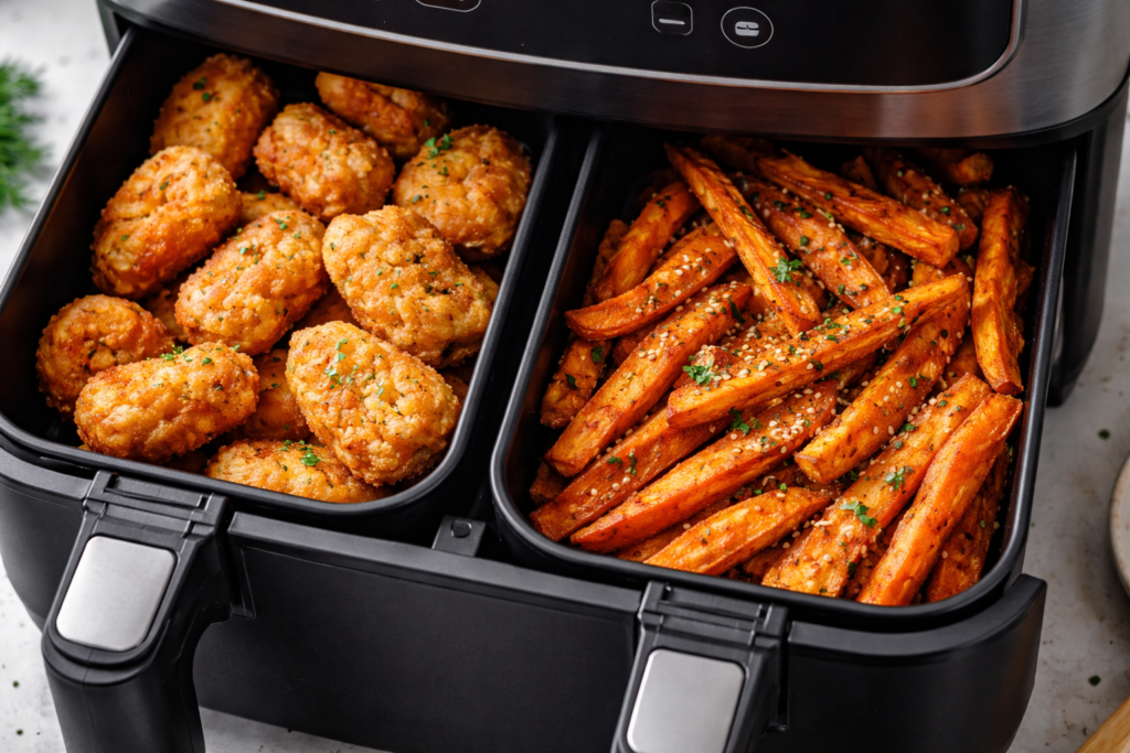Dual basket air fryer cooking chicken nuggets in one basket and sweet potato fries in the other at the same time.