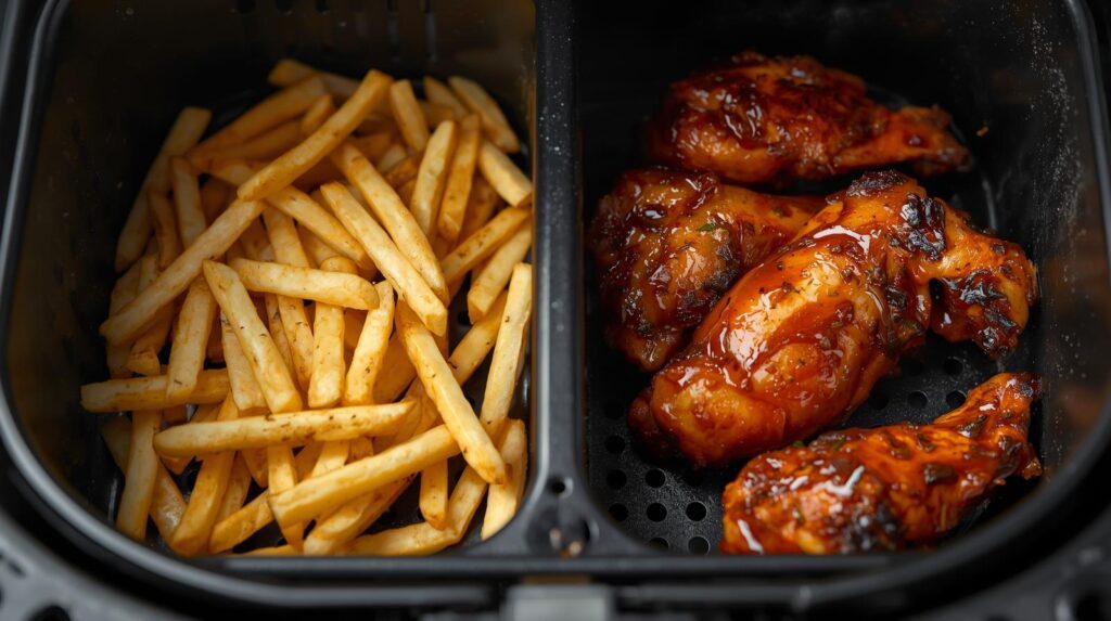 Dual basket air fryer cooking crispy french fries in one basket and juicy chicken wings in the other at the same time