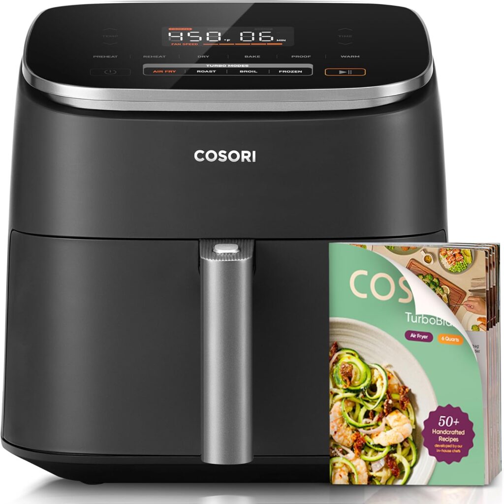Cosori 9 in 1 TurboBlaze 6 Qt best air fryer for beginners and small families with digital presets. 