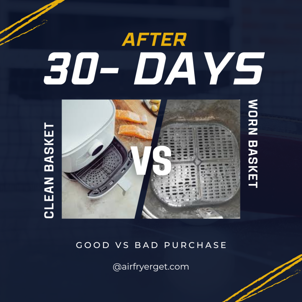 Air fryer basket condition after 30 days use showing durable nonstick coating vs worn coating comparison.