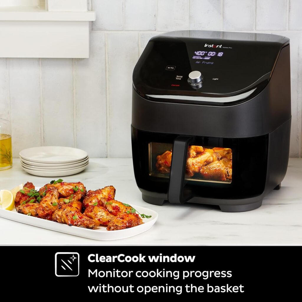 Instant Vortex Plus ClearCook air fryer under $100 with viewing window and 6 quart capacity.