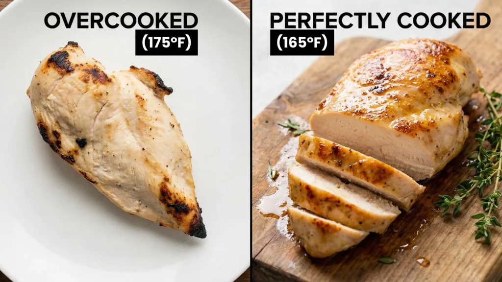 Before and after air fryer chicken breast recipe showing dry vs juicy texture