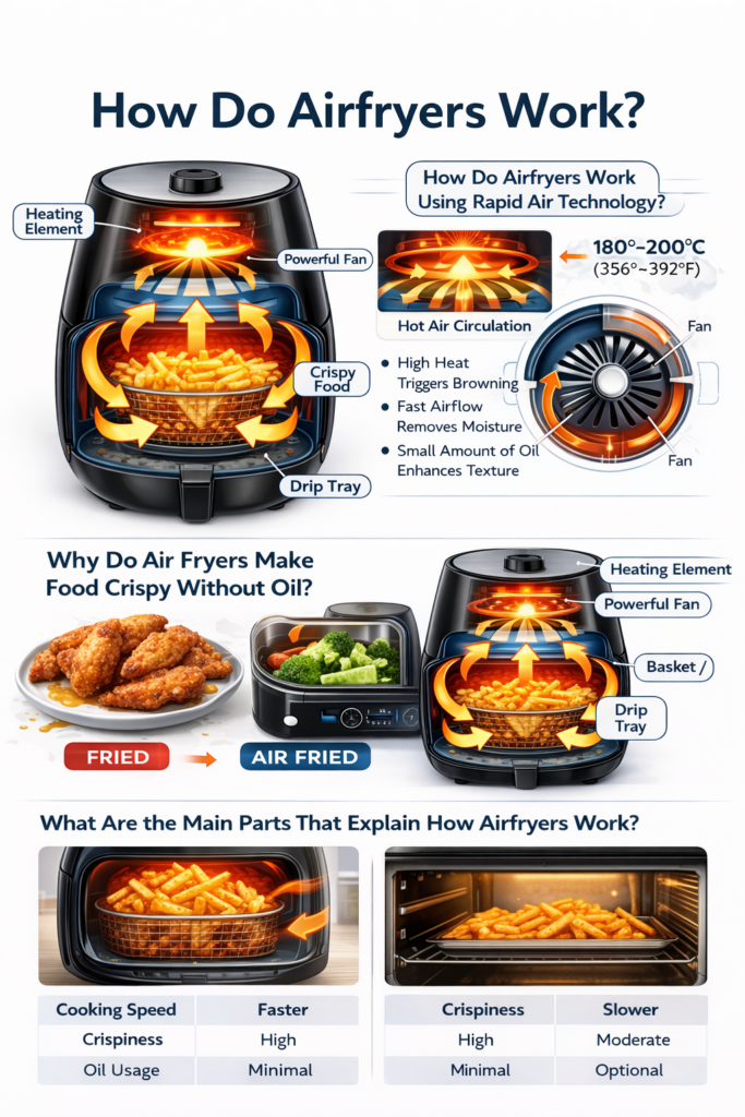 how do airfryers work diagram showing hot air circulation inside air fryer