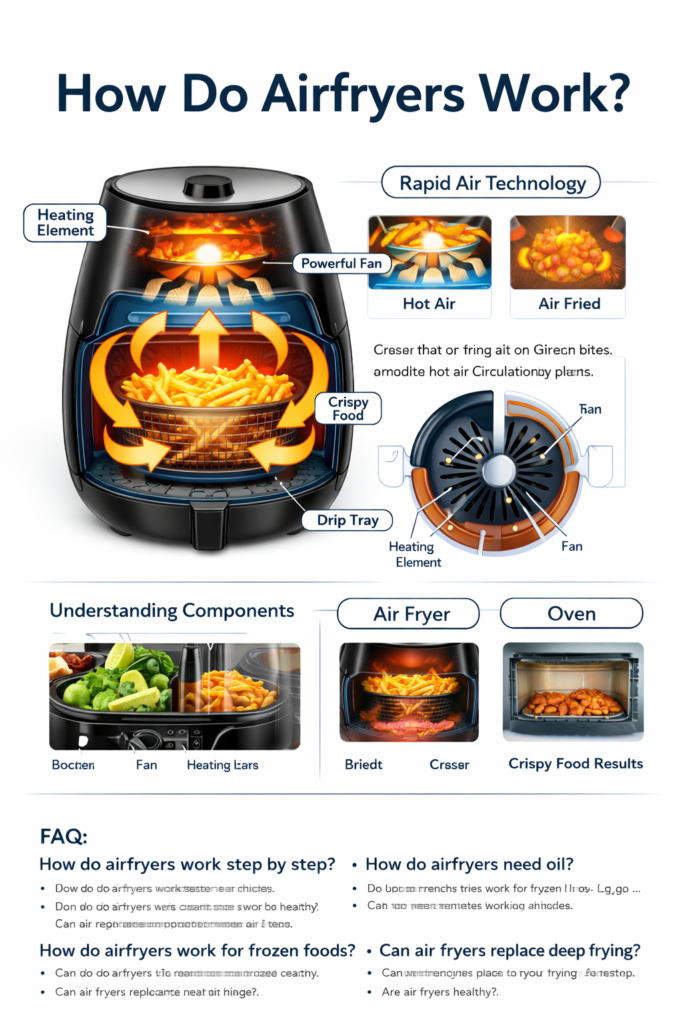 air fryer parts labeled basket heating element fan how airfryers work