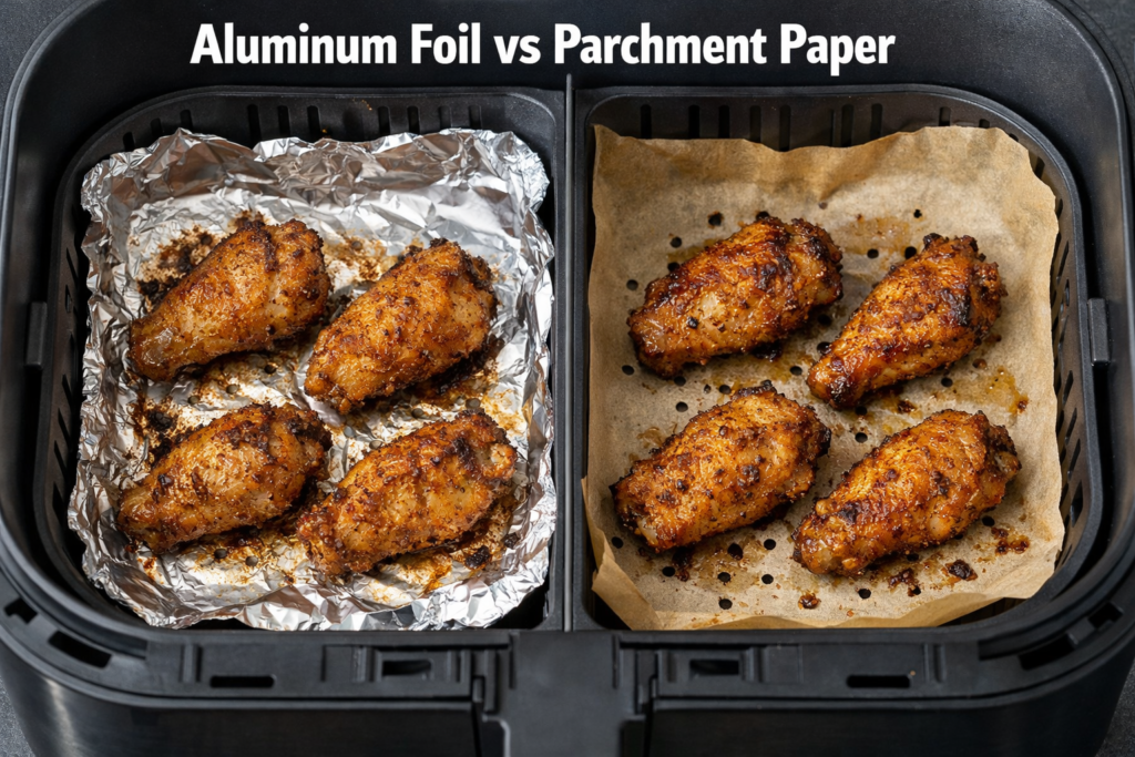 aluminum foil vs parchment paper in air fryer cooking