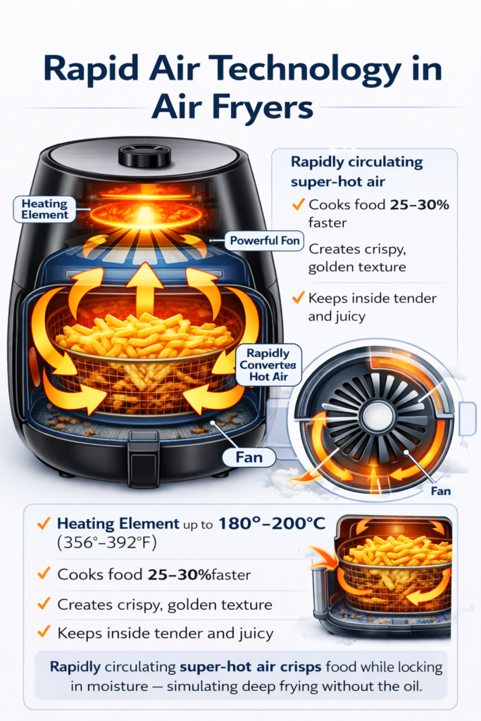 air fryer rapid air technology explained with fan and heating element diagram