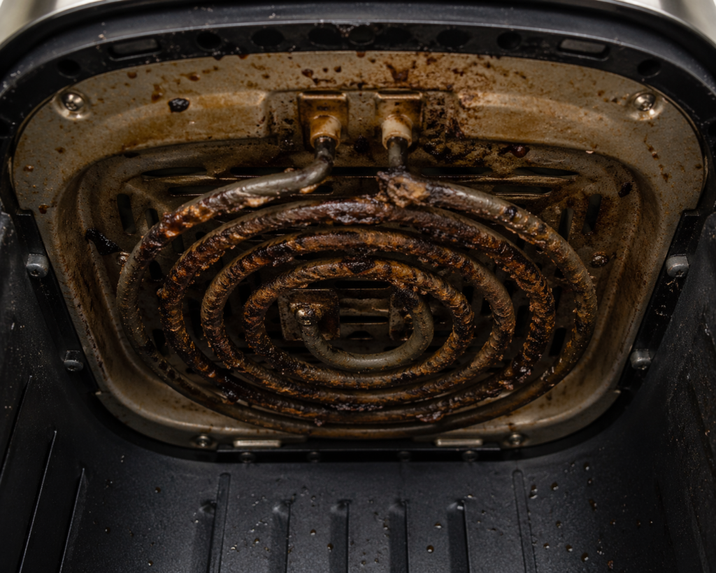 dirty air fryer heating element covered in grease buildup