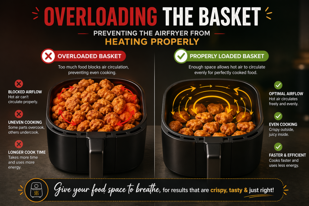 overloaded air fryer basket blocking airflow and causing uneven cooking