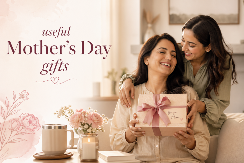 Useful Mother’s Day gifts – adult daughter surprising her mom with a thoughtful gift in a cozy aesthetic home setting