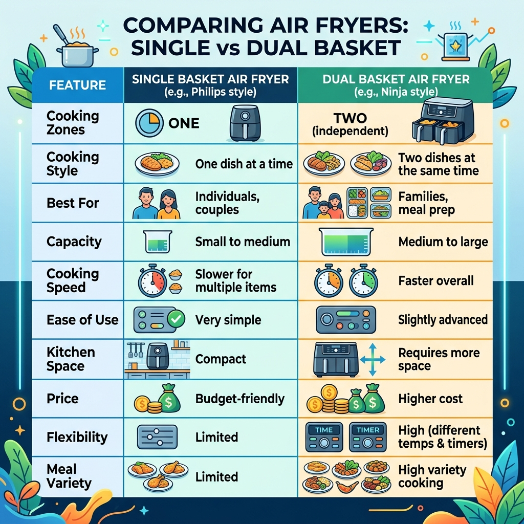 dual basket vs single basket air fryer comparison chart