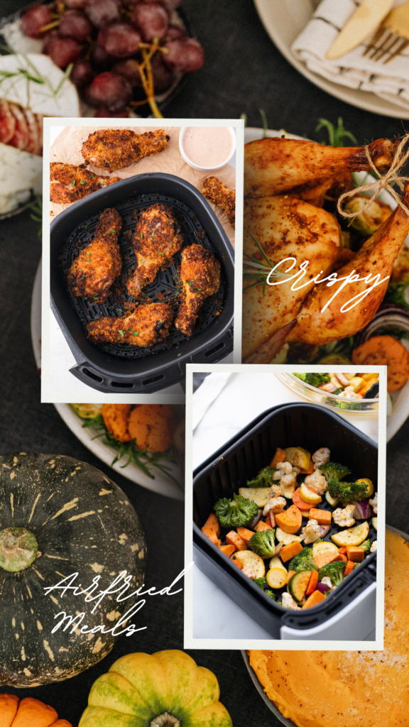 crispy air fryer food including fries chicken and vegetables cooked in Philips air fryer