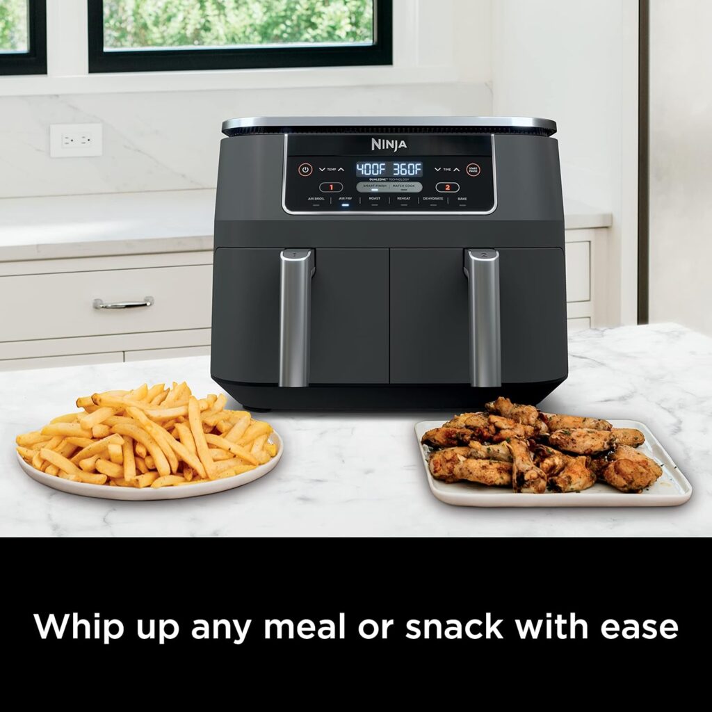 Ninja DZ201 dual basket air fryer cooking two foods at once