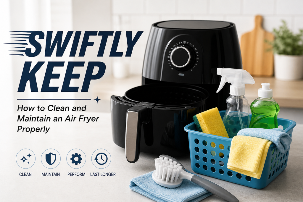 Person cleaning air fryer basket with sponge and water for maintenance