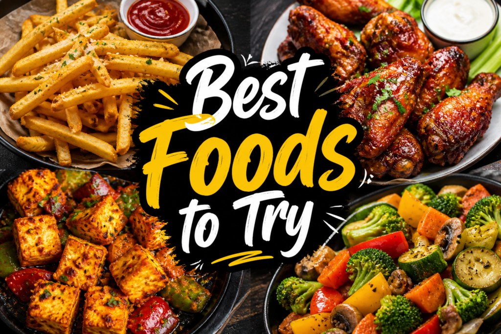 Assorted foods like fries, chicken wings, paneer and vegetables cooked in air fryer