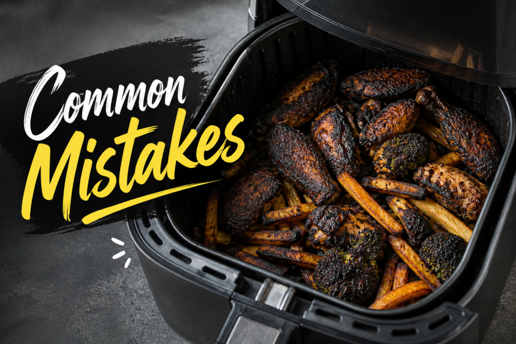 Burnt food inside air fryer basket showing common beginner mistake of overcooking or overcrowding