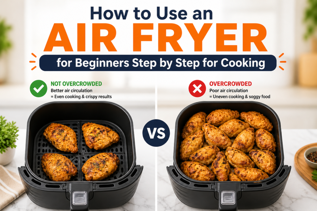 Comparison showing overcrowded air fryer basket versus properly arranged food for even cooking