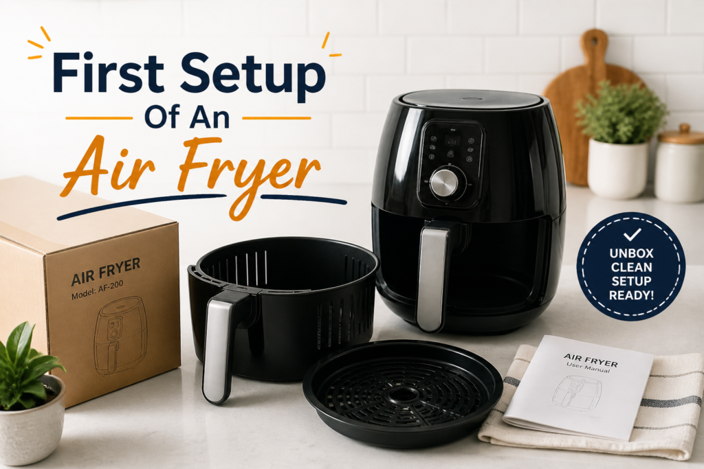 Air fryer basket being cleaned before first use for beginner setup process