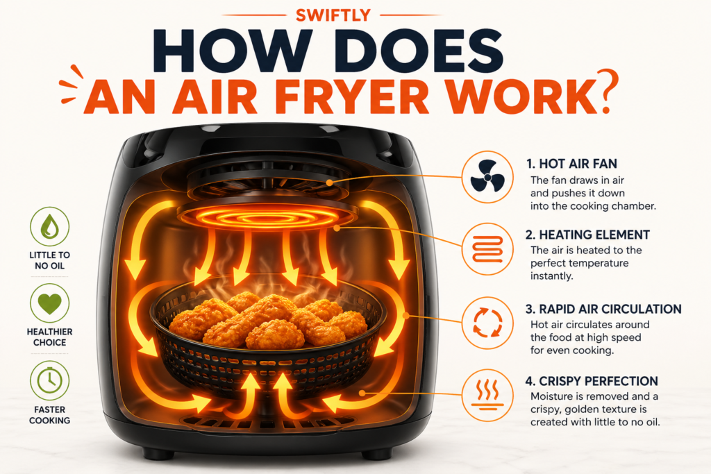 Diagram explaining how air fryer uses hot air circulation to cook food evenly