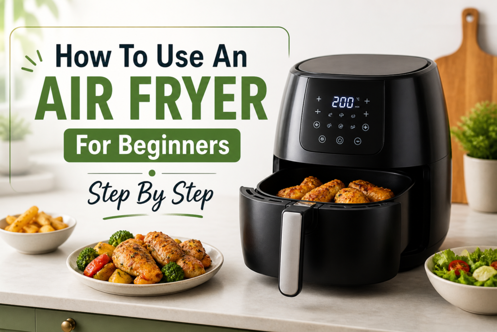 Air fryer placed on a clean kitchen counter showing beginner-friendly cooking setup