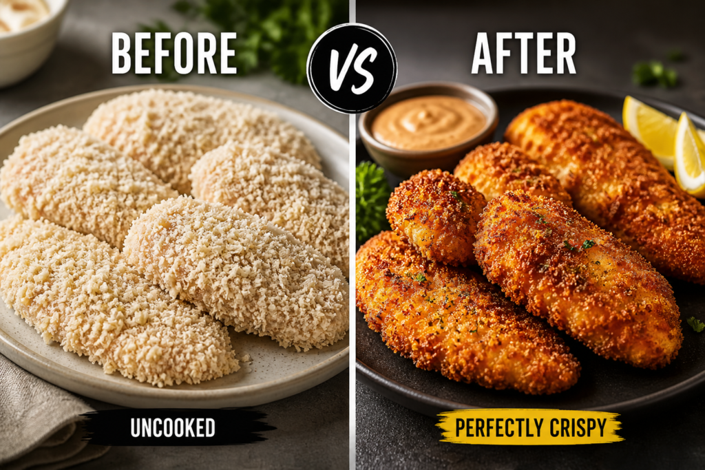 Before and after comparison showing raw food transformed into crispy air fryer cooked meal