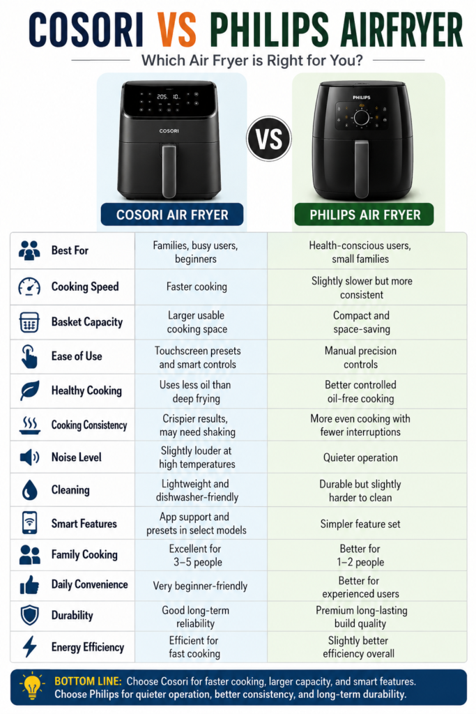 Cosori vs Philips air fryer comparison chart showing features and value