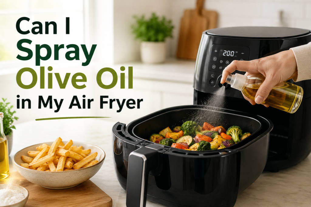 Person spraying olive oil into air fryer basket with vegetables inside