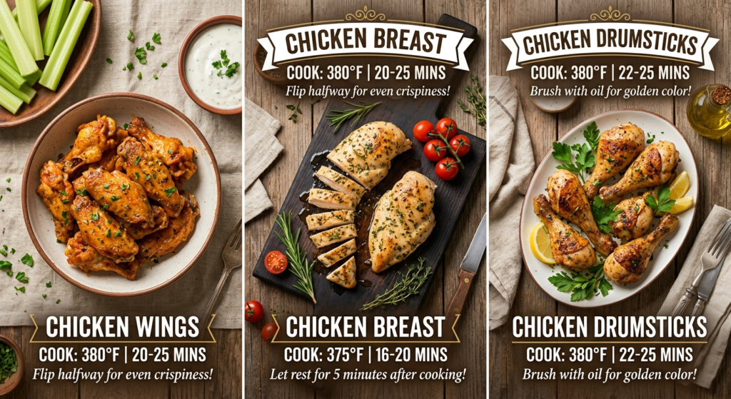 Air fryer cooking times chart for chicken wings breast and drumsticks
