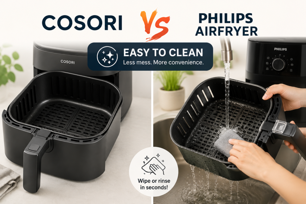 Easy to clean Cosori air fryer basket after cooking