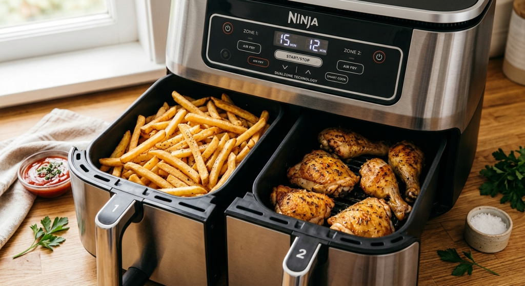 Crispy fries and chicken cooked in Ninja air fryer