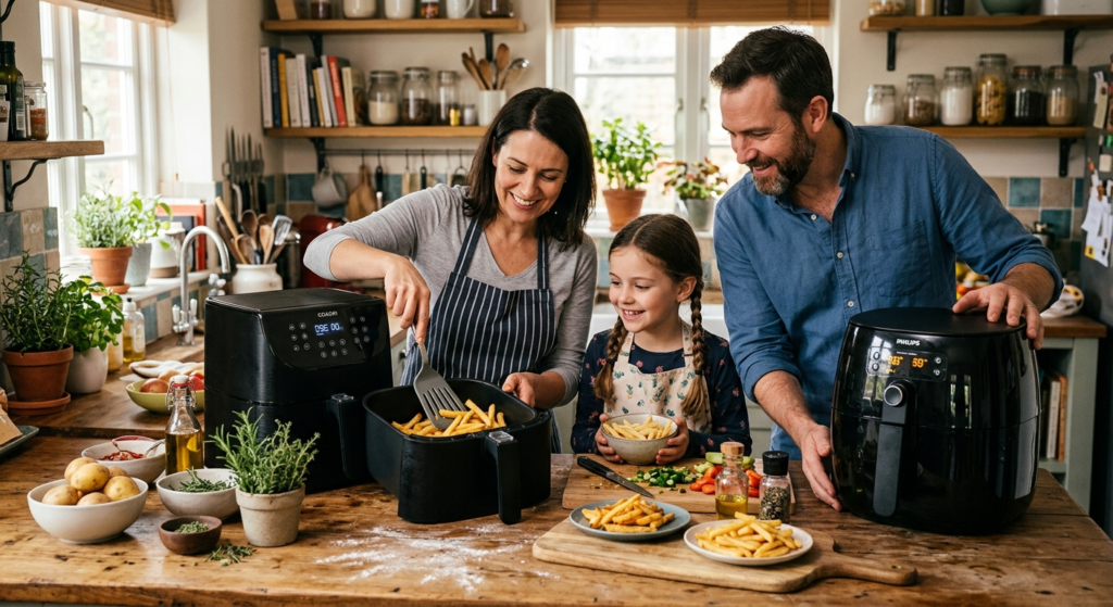 Cosori air fryer cooking food for a large family dinner