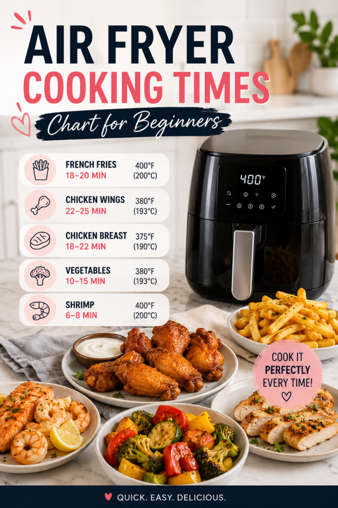Air Fryer Cooking Times Chart with fries chicken vegetables and seafood