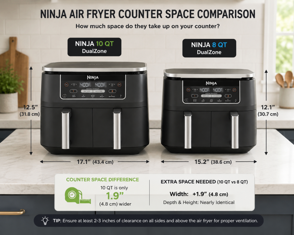 Ninja 10 Qt air fryer dimensions on kitchen counter