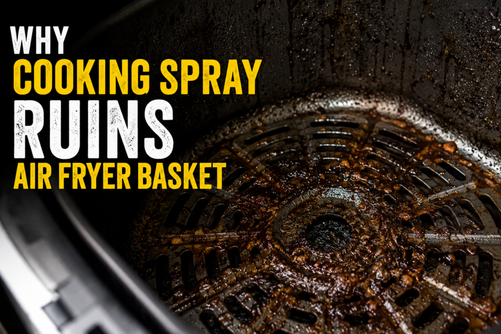 Sticky residue buildup inside damaged air fryer basket from cooking spray