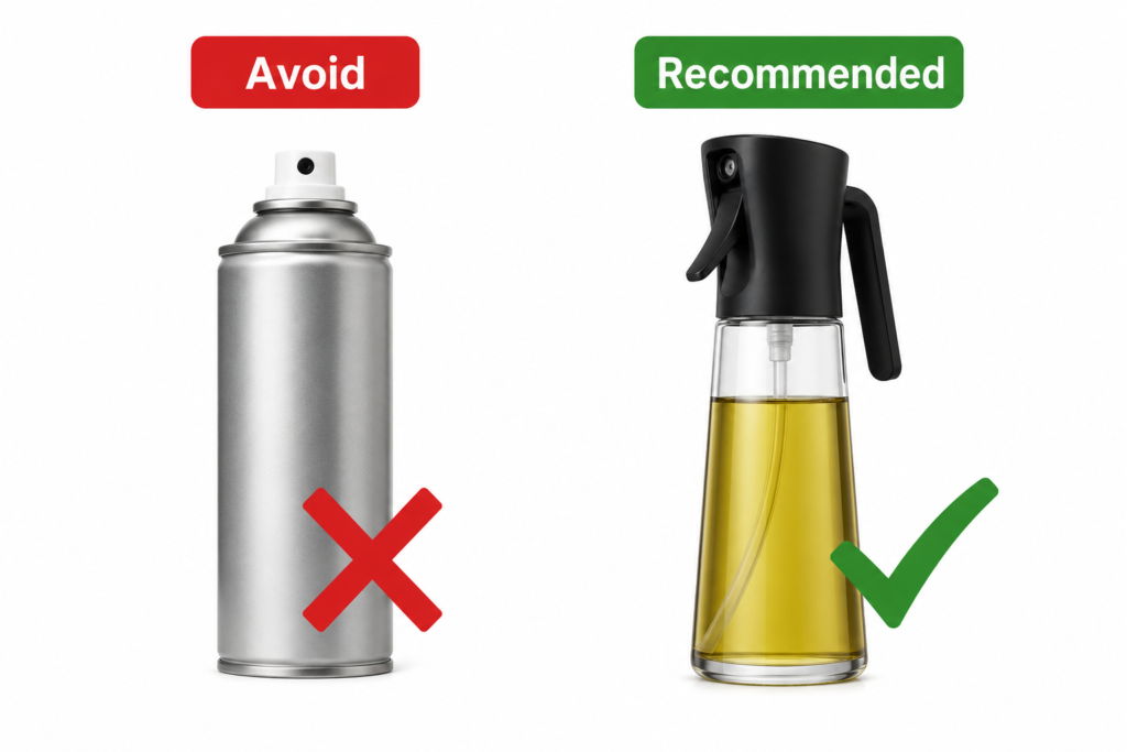 Aerosol cooking spray compared with refillable olive oil sprayer for air fryer use