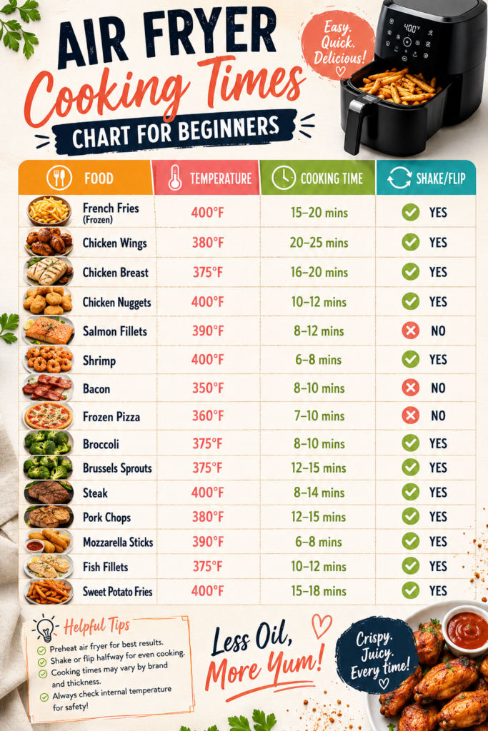 Complete air fryer cooking times chart for popular foods