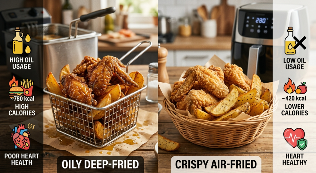 Comparison of air fried food vs deep fried food showing lower oil and calories
