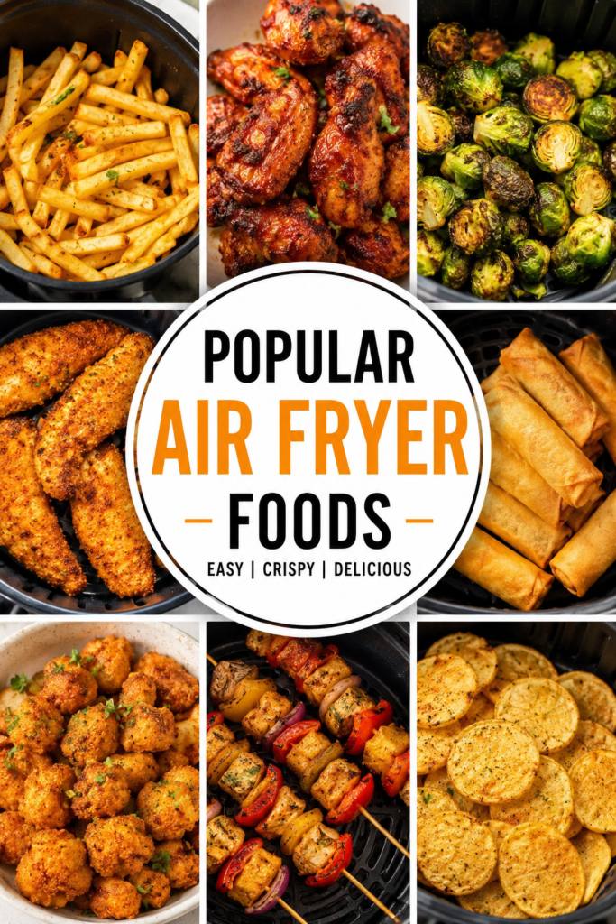 Variety of foods cooked in air fryer including fries chicken wings vegetables and snacks