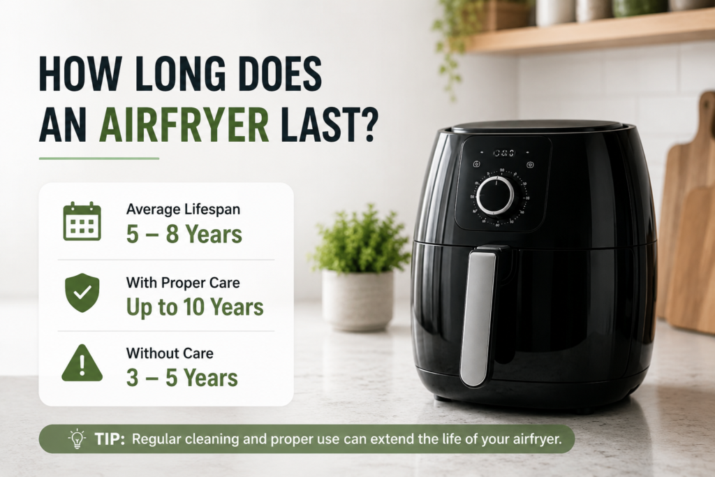How long does an air fryer last infographic showing average lifespan of 5–8 years and up to 10 years with proper maintenance