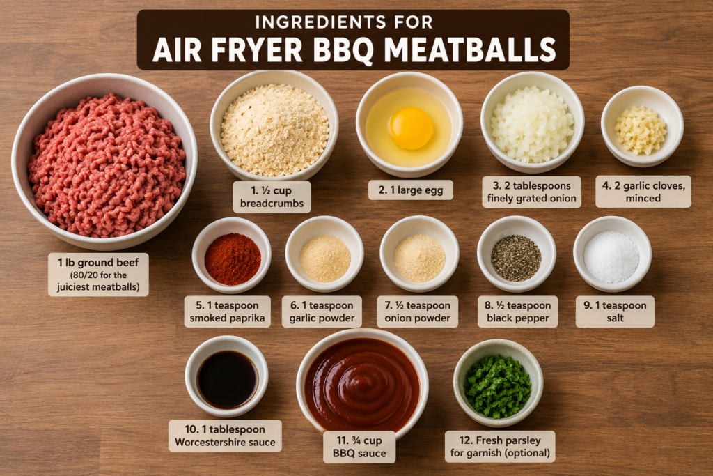 Ingredients for juicy BBQ meatballs in an air fryer