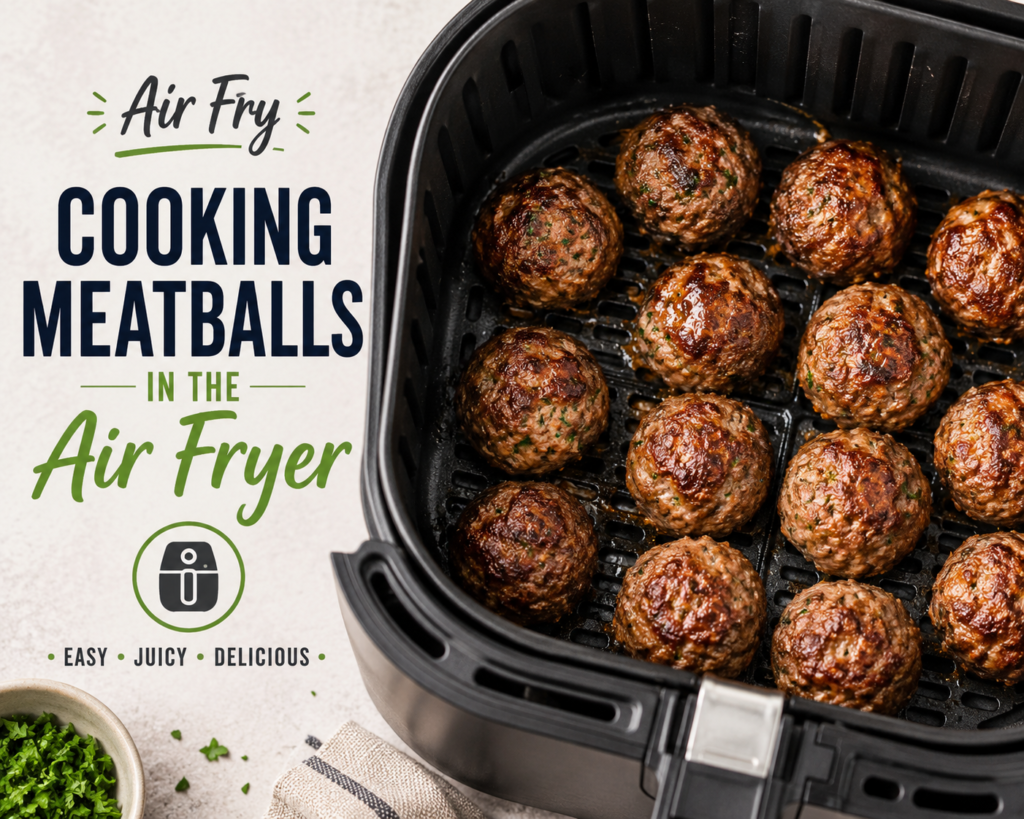BBQ meatballs cooking inside an air fryer basket