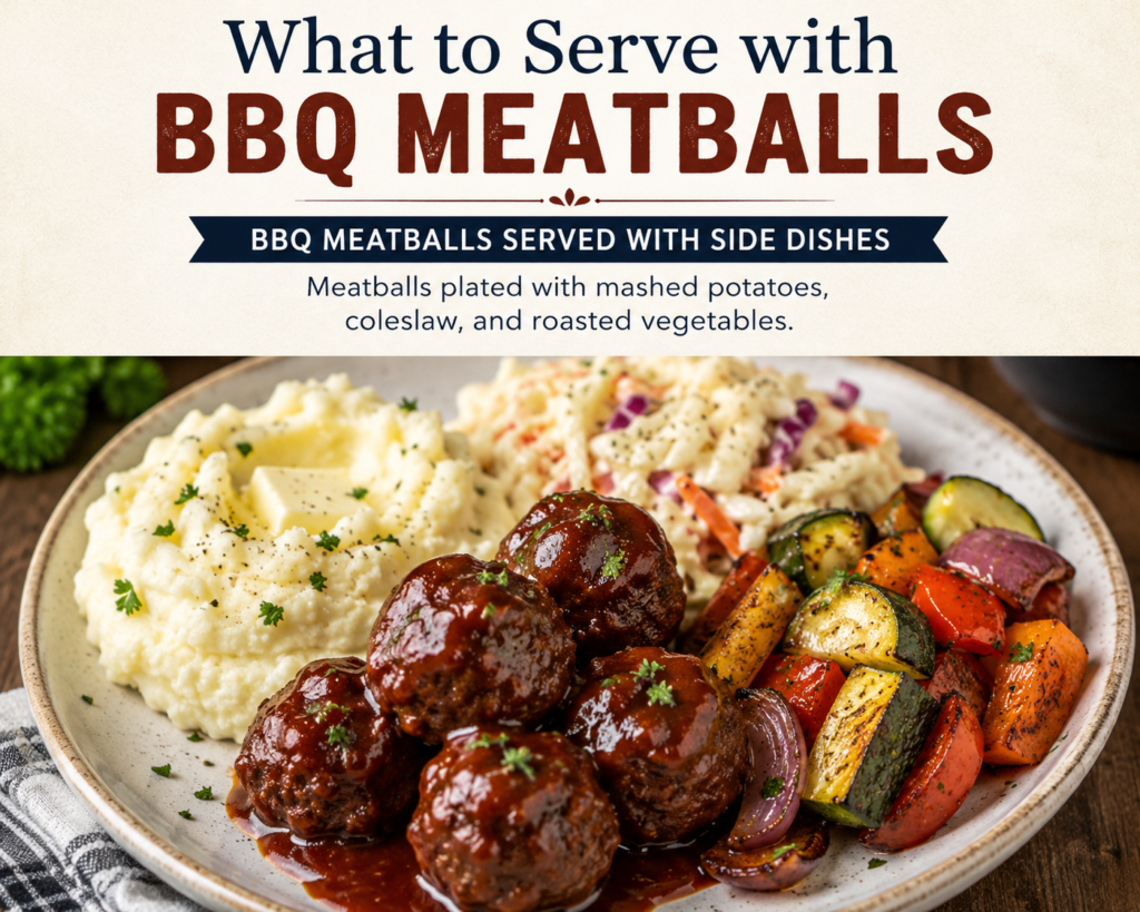 Juicy BBQ meatballs served with mashed potatoes and vegetables