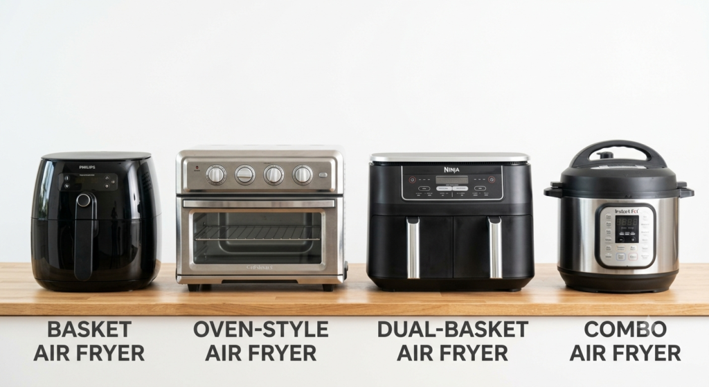 Types of air fryers including basket oven style dual basket and microwave combo models