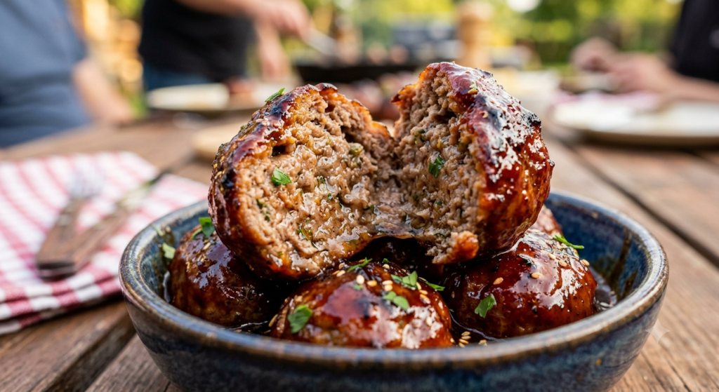 Close-up of juicy BBQ meatballs cooked in an air fryer