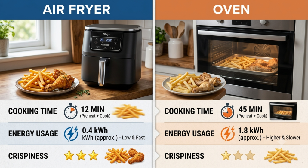 Air fryer vs oven comparison showing faster cooking and crispier results in air fryer
