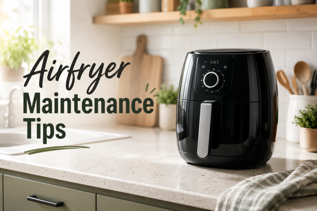 Clean air fryer on kitchen counter showing proper airfryer maintenance tips